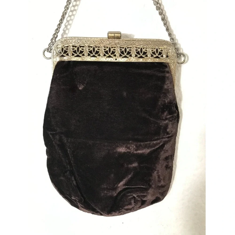 Vintage Art Deco Brown Velvet Purse With Bronze‎ Gold Plated Frame Antique
